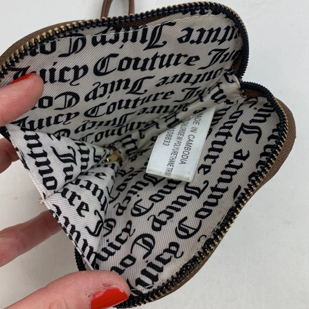 Juicy Couture Brown Gold Heart Wristlet bag pouch clutch Zip closure Strap